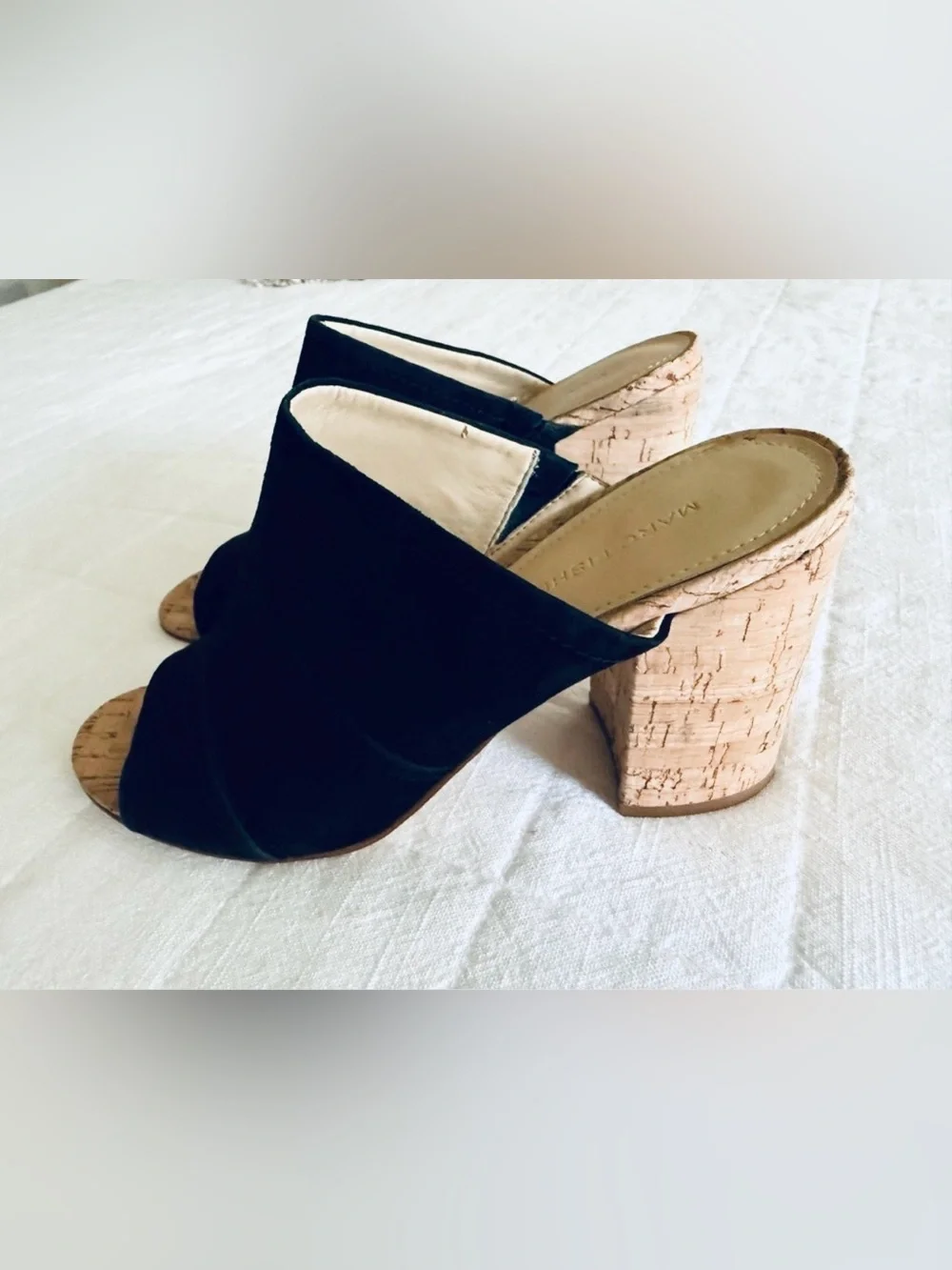 Marc Fisher Prenna Black Suede Open Toe Cork High Heel Slip-On Mule Sandals 9M